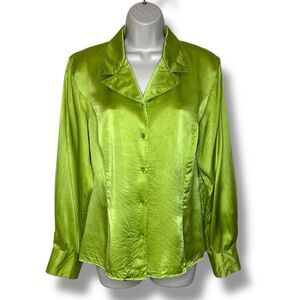 Vintage Austin Reed Silk Chartreuse Green Blouse Long Sleeve Button Up Women 12